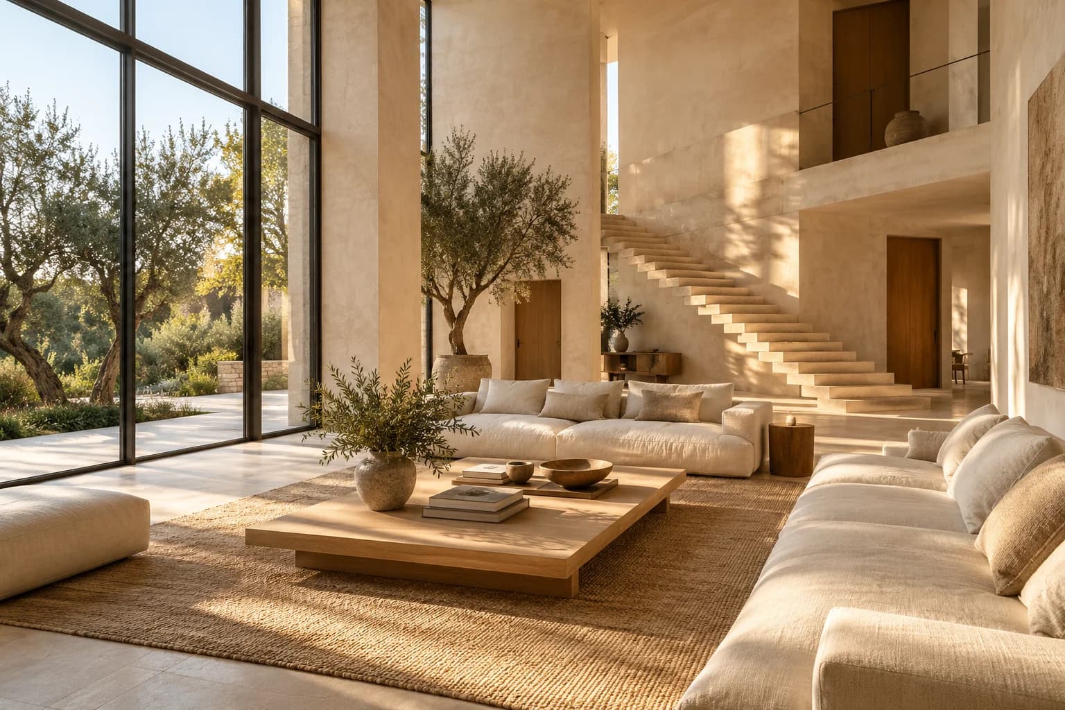 Warm residential living room with natural linen furniture and sunlit stone walls